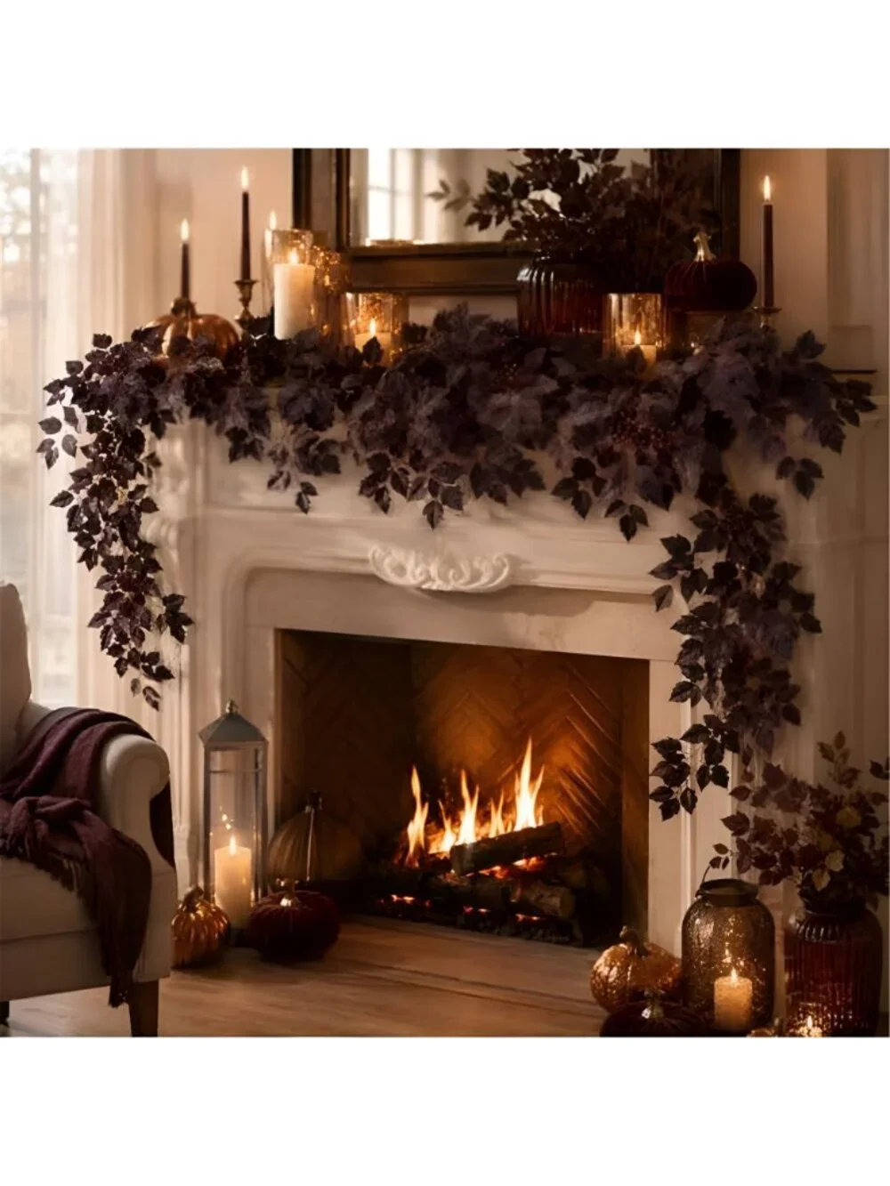 2Pack Fall Decorations for Home, 6FT Dark Plum Fall Garland, Flexible Branches